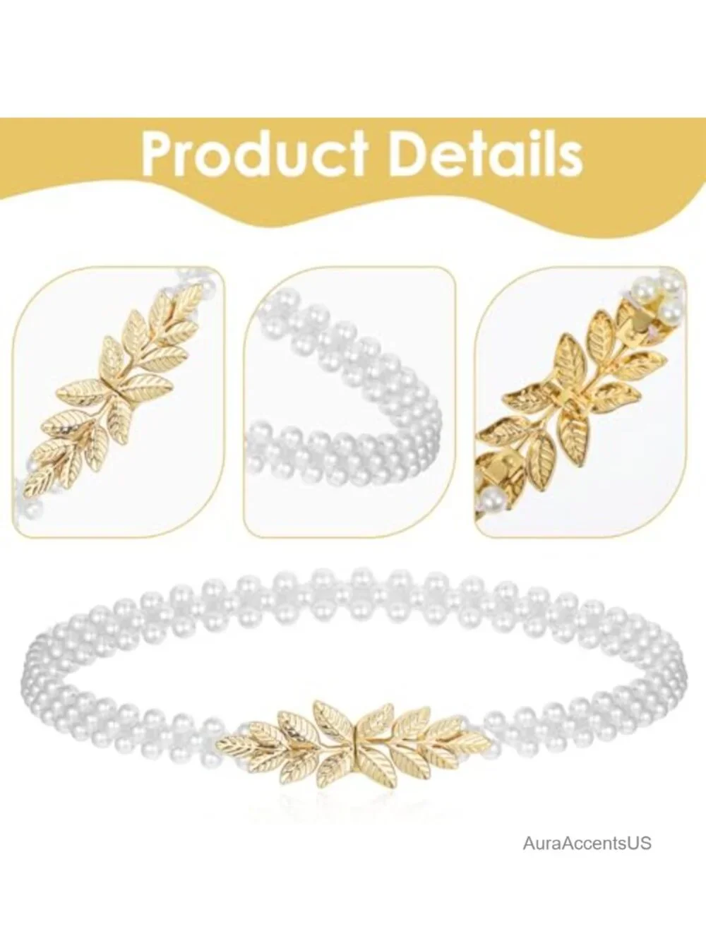 Chained Belt with Buckle, Pearl Elastic Waistband for Dresses and Skirts